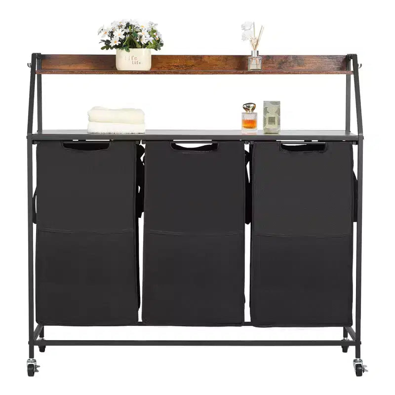 VEVOR 2 Tiers Laundry Sorter, Tall Laundry Hamper with Metal Frame and Wooden Tabletop, 3 Section Rolling Basket Organizer Storage, Black