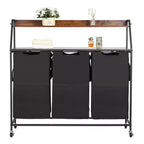 VEVOR 2 Tiers Laundry Sorter, Tall Laundry Hamper with Metal Frame and Wooden Tabletop, 3 Section Rolling Basket Organizer Storage, Black