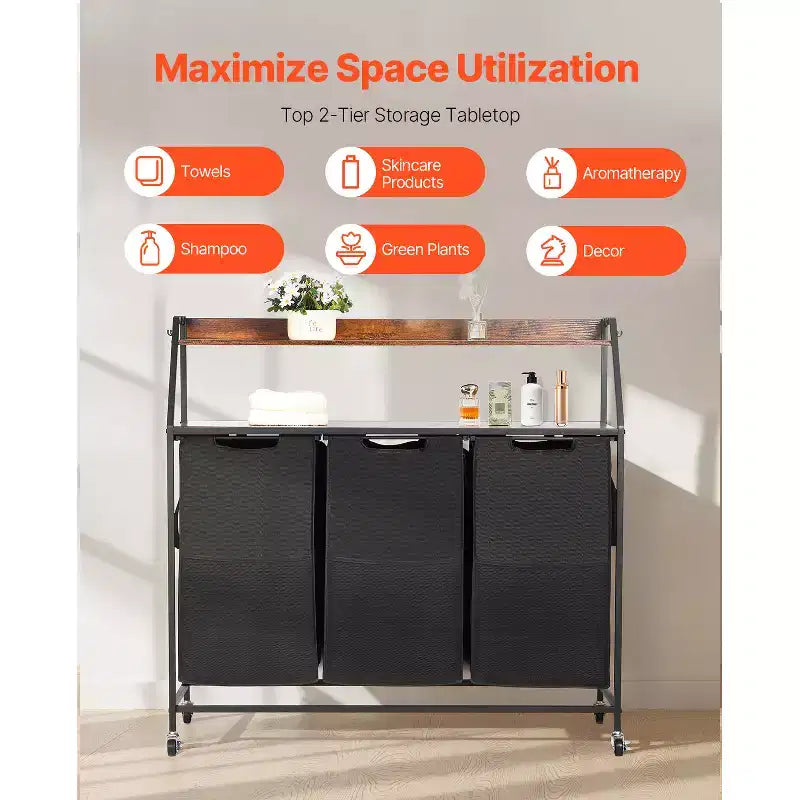 VEVOR Cesto portabiancheria a 2 livelli, cesto portabiancheria alto con struttura in metallo e piano in legno, organizer portabiancheria a 3 sezioni con rotelle, nero