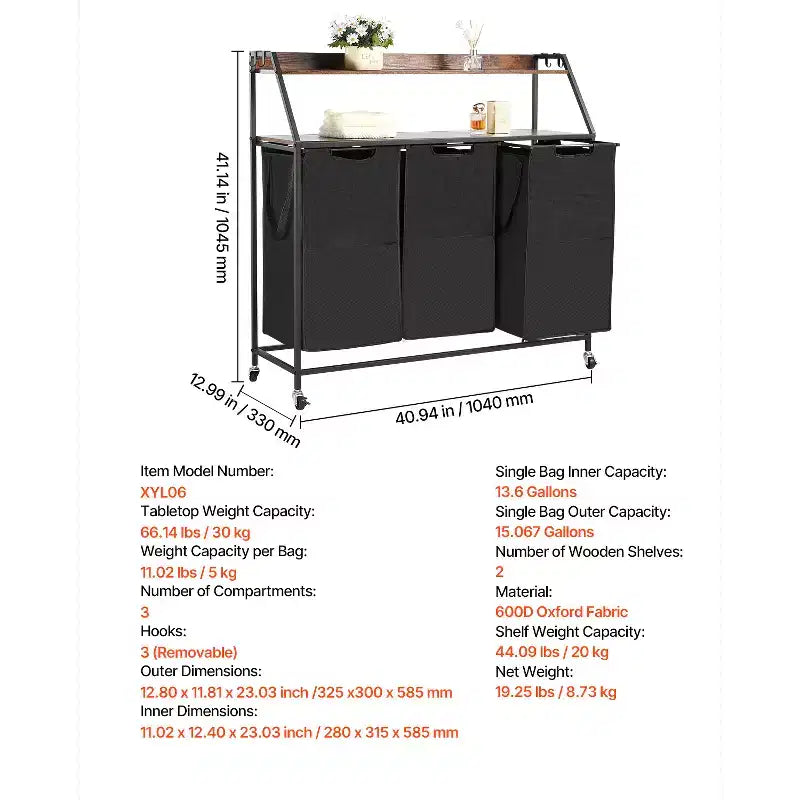 VEVOR Cesto portabiancheria a 2 livelli, cesto portabiancheria alto con struttura in metallo e piano in legno, organizer portabiancheria a 3 sezioni con rotelle, nero