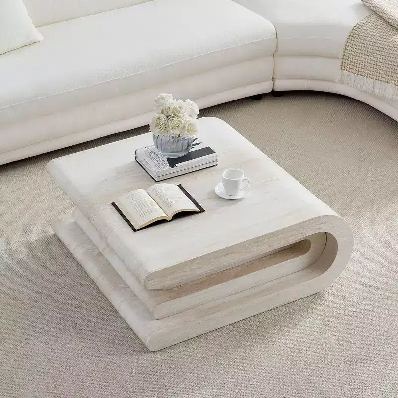 Tavolino moderno stratificato con motivo in travertino GDFStudio Laurine