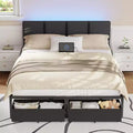 Grey Upholstered Queen Bed Frame with 2 Storage Drawers Adjustable Headboard LED Lights Charging Station Platform Metal Slats No Box Spring Needed