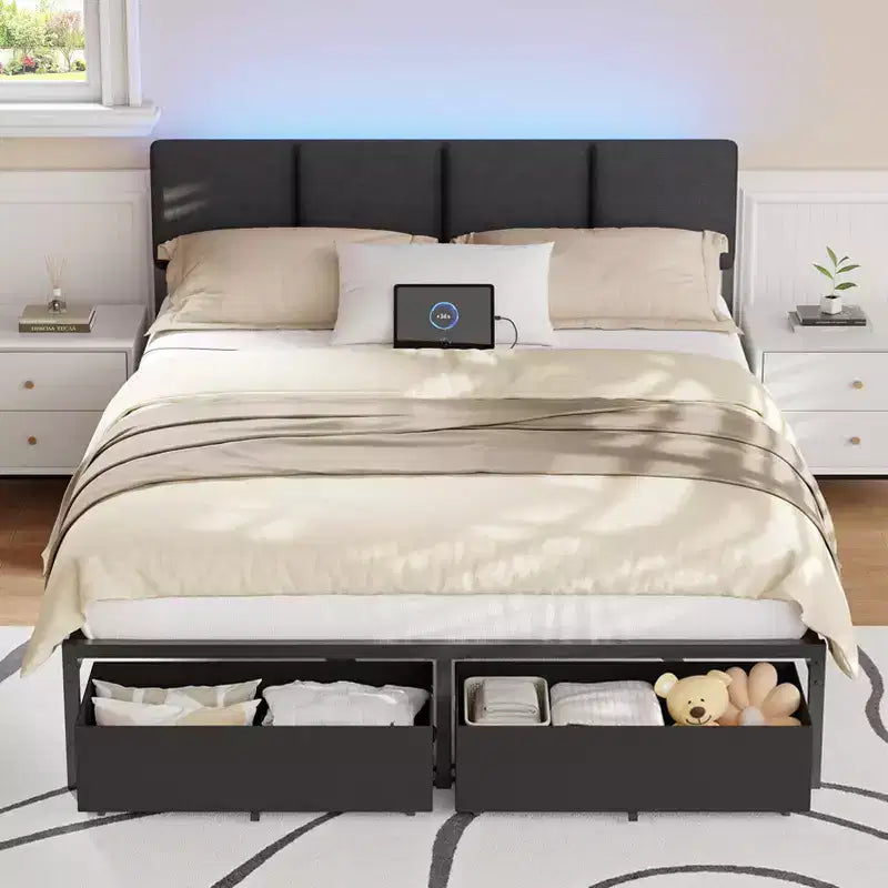 Grey Upholstered Queen Bed Frame with 2 Storage Drawers Adjustable Headboard LED Lights Charging Station Platform Metal Slats No Box Spring Needed