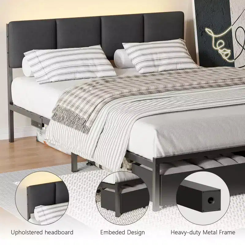 Letto matrimoniale in tessuto grigio con 2 cassetti contenitore, testiera regolabile, luci LED, stazione di ricarica, doghe in metallo (non richiede rete a molle)