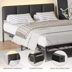 Letto matrimoniale in tessuto grigio con 2 cassetti contenitore, testiera regolabile, luci LED, stazione di ricarica, doghe in metallo (non richiede rete a molle)