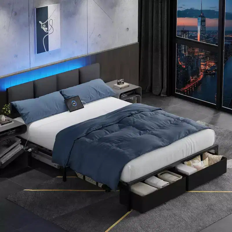 Letto matrimoniale in tessuto grigio con 2 cassetti contenitore, testiera regolabile, luci LED, stazione di ricarica, doghe in metallo (non richiede rete a molle)