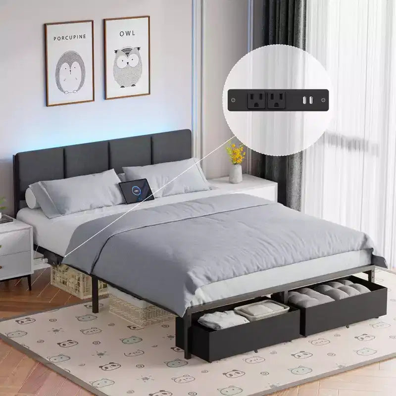 Letto matrimoniale in tessuto grigio con 2 cassetti contenitore, testiera regolabile, luci LED, stazione di ricarica, doghe in metallo (non richiede rete a molle)