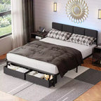 Letto matrimoniale in tessuto grigio con 2 cassetti contenitore, testiera regolabile, luci LED, stazione di ricarica, doghe in metallo (non richiede rete a molle)