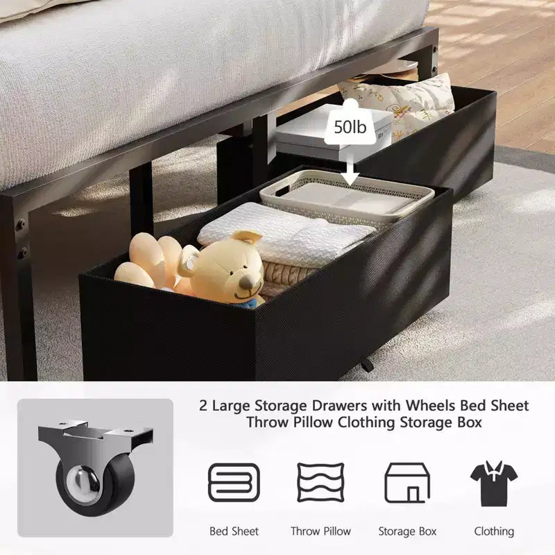 Letto matrimoniale in tessuto grigio con 2 cassetti contenitore, testiera regolabile, luci LED, stazione di ricarica, doghe in metallo (non richiede rete a molle)