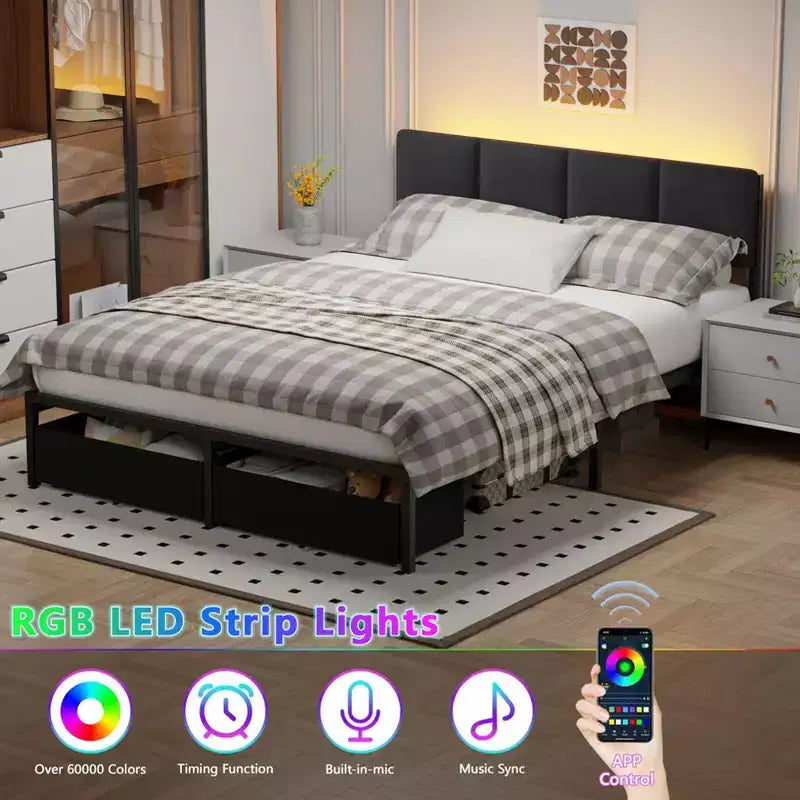 Letto matrimoniale in tessuto grigio con 2 cassetti contenitore, testiera regolabile, luci LED, stazione di ricarica, doghe in metallo (non richiede rete a molle)