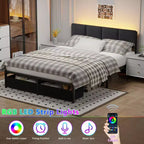 Letto matrimoniale in tessuto grigio con 2 cassetti contenitore, testiera regolabile, luci LED, stazione di ricarica, doghe in metallo (non richiede rete a molle)