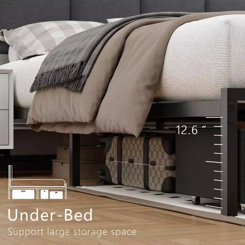 Letto matrimoniale in tessuto grigio con 2 cassetti contenitore, testiera regolabile, luci LED, stazione di ricarica, doghe in metallo (non richiede rete a molle)