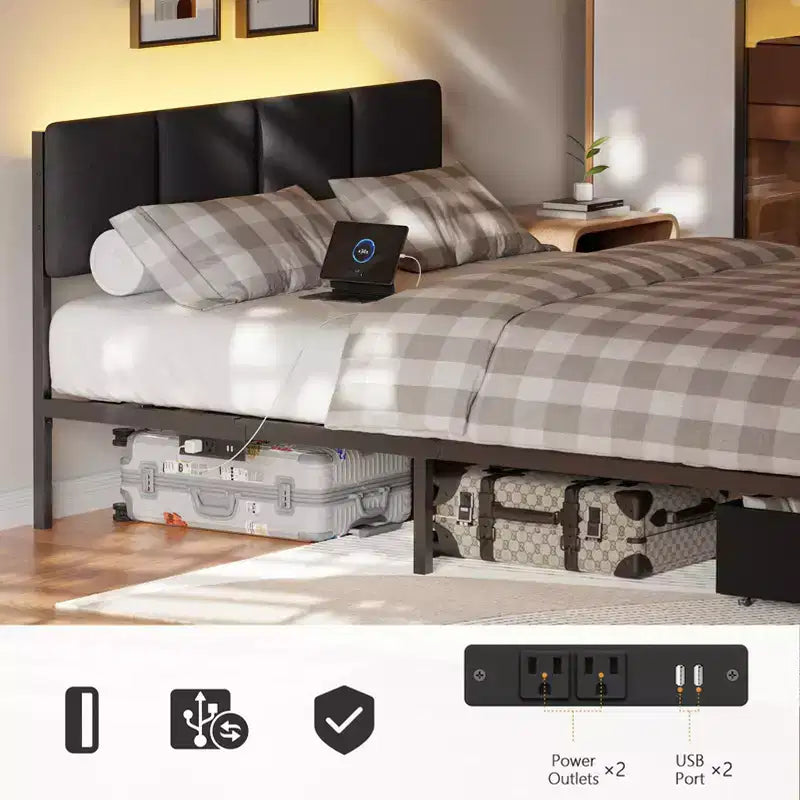 Letto matrimoniale in tessuto grigio con 2 cassetti contenitore, testiera regolabile, luci LED, stazione di ricarica, doghe in metallo (non richiede rete a molle)