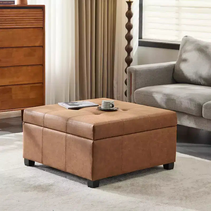 35-Inch Square Faux Leather Storage Ottoman with Lift-Top, Hidden Storage, for Living Room or Bedroom