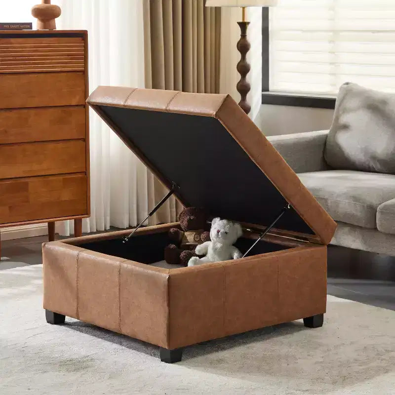 Pouf contenitore in similpelle quadrato da 89 cm con coperchio sollevabile, contenitore nascosto, per soggiorno o camera da letto