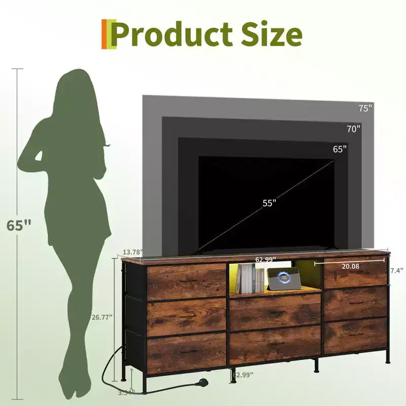 Meuble TV de 63 po avec 8 tiroirs en tissu, cadre en acier pour téléviseurs jusqu'à 75 po, commode de rangement pour le salon ou la chambre à coucher