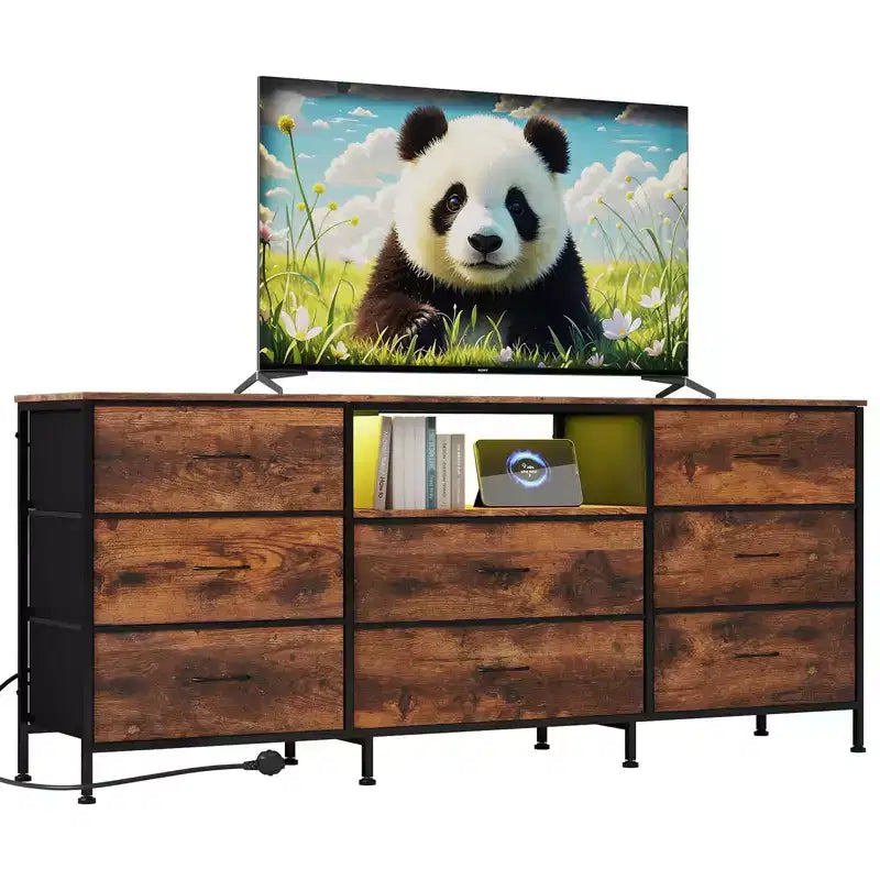 Meuble TV de 63 po avec 8 tiroirs en tissu, cadre en acier pour téléviseurs jusqu'à 75 po, commode de rangement pour le salon ou la chambre à coucher