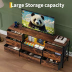 Meuble TV de 63 po avec 8 tiroirs en tissu, cadre en acier pour téléviseurs jusqu'à 75 po, commode de rangement pour le salon ou la chambre à coucher