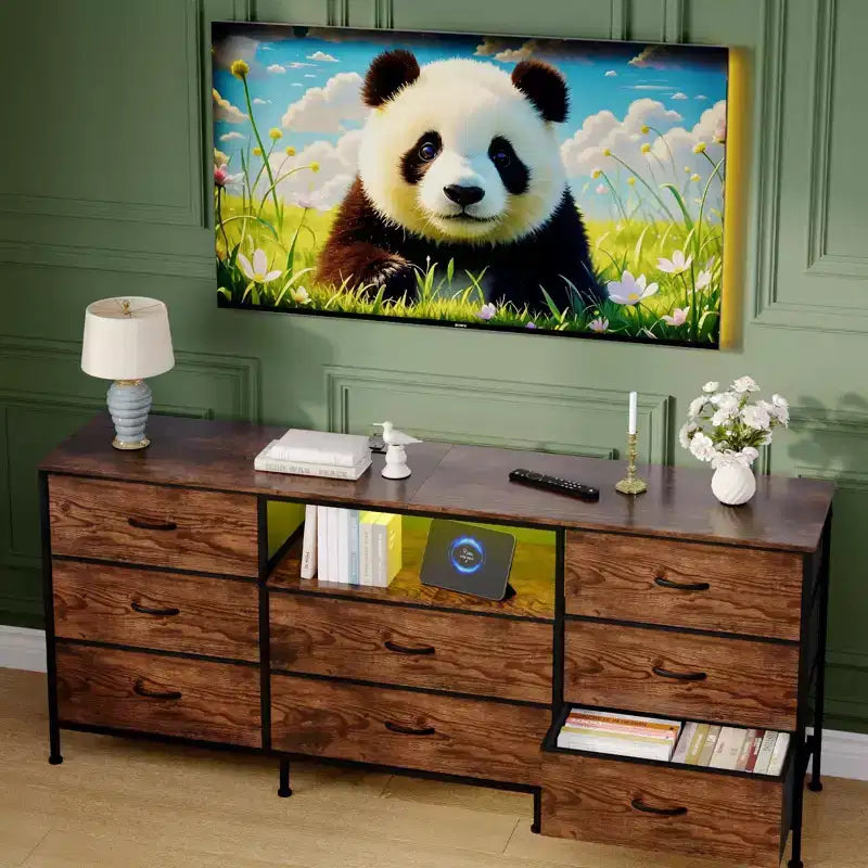 Meuble TV de 63 po avec 8 tiroirs en tissu, cadre en acier pour téléviseurs jusqu'à 75 po, commode de rangement pour le salon ou la chambre à coucher