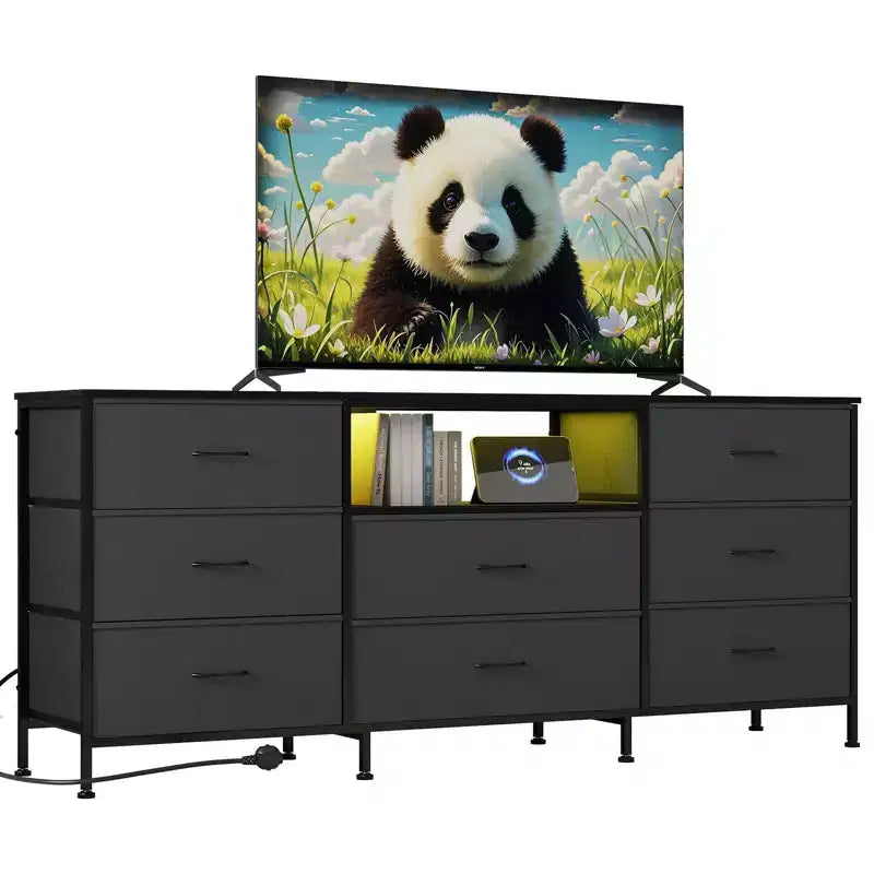 Meuble TV de 63 po avec 8 tiroirs en tissu, cadre en acier pour téléviseurs jusqu'à 75 po, commode de rangement pour le salon ou la chambre à coucher