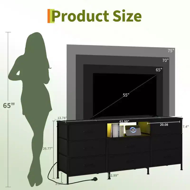 Meuble TV de 63 po avec 8 tiroirs en tissu, cadre en acier pour téléviseurs jusqu'à 75 po, commode de rangement pour le salon ou la chambre à coucher