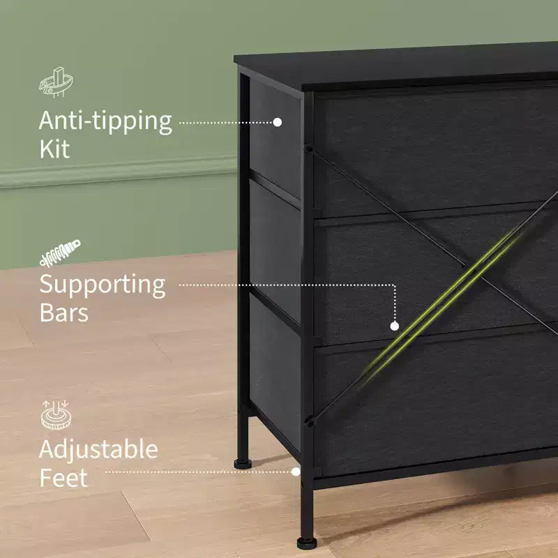Meuble TV de 63 po avec 8 tiroirs en tissu, cadre en acier pour téléviseurs jusqu'à 75 po, commode de rangement pour le salon ou la chambre à coucher
