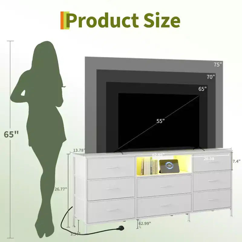 Meuble TV de 63 po avec 8 tiroirs en tissu, cadre en acier pour téléviseurs jusqu'à 75 po, commode de rangement pour le salon ou la chambre à coucher