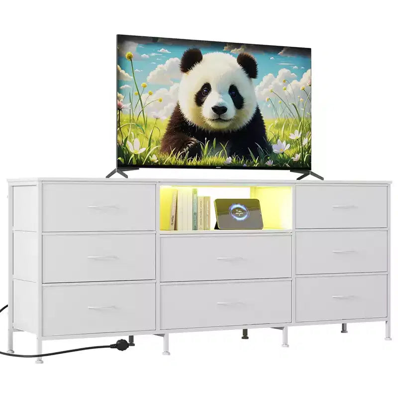 Meuble TV de 63 po avec 8 tiroirs en tissu, cadre en acier pour téléviseurs jusqu'à 75 po, commode de rangement pour le salon ou la chambre à coucher