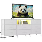 Meuble TV de 63 po avec 8 tiroirs en tissu, cadre en acier pour téléviseurs jusqu'à 75 po, commode de rangement pour le salon ou la chambre à coucher