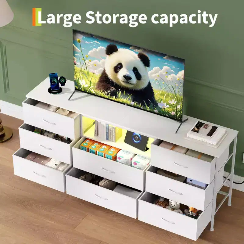Meuble TV de 63 po avec 8 tiroirs en tissu, cadre en acier pour téléviseurs jusqu'à 75 po, commode de rangement pour le salon ou la chambre à coucher