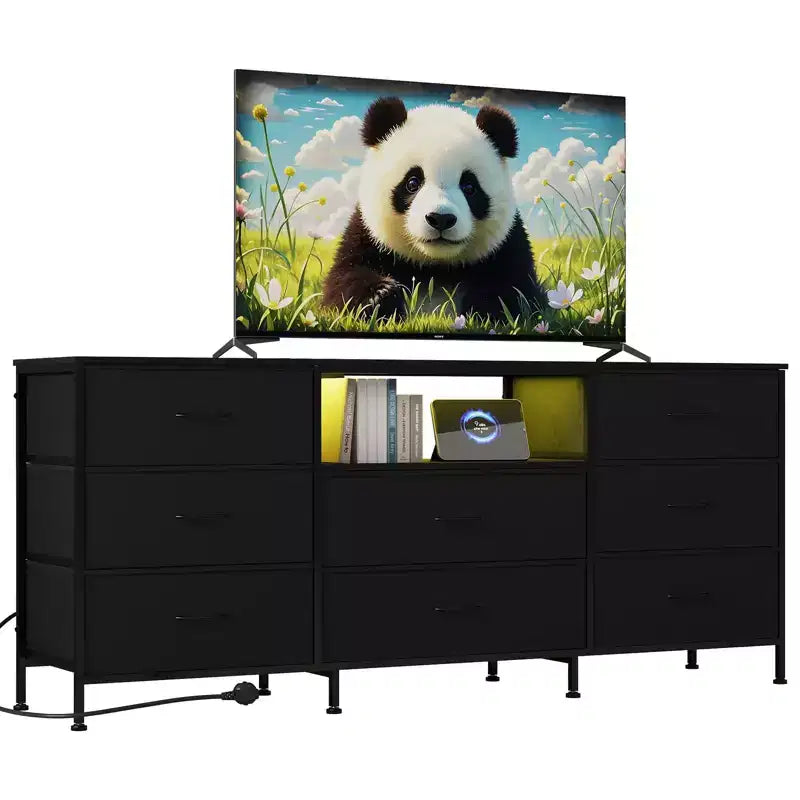 Meuble TV de 63 po avec 8 tiroirs en tissu, cadre en acier pour téléviseurs jusqu'à 75 po, commode de rangement pour le salon ou la chambre à coucher