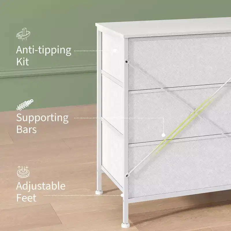 Meuble TV de 63 po avec 8 tiroirs en tissu, cadre en acier pour téléviseurs jusqu'à 75 po, commode de rangement pour le salon ou la chambre à coucher