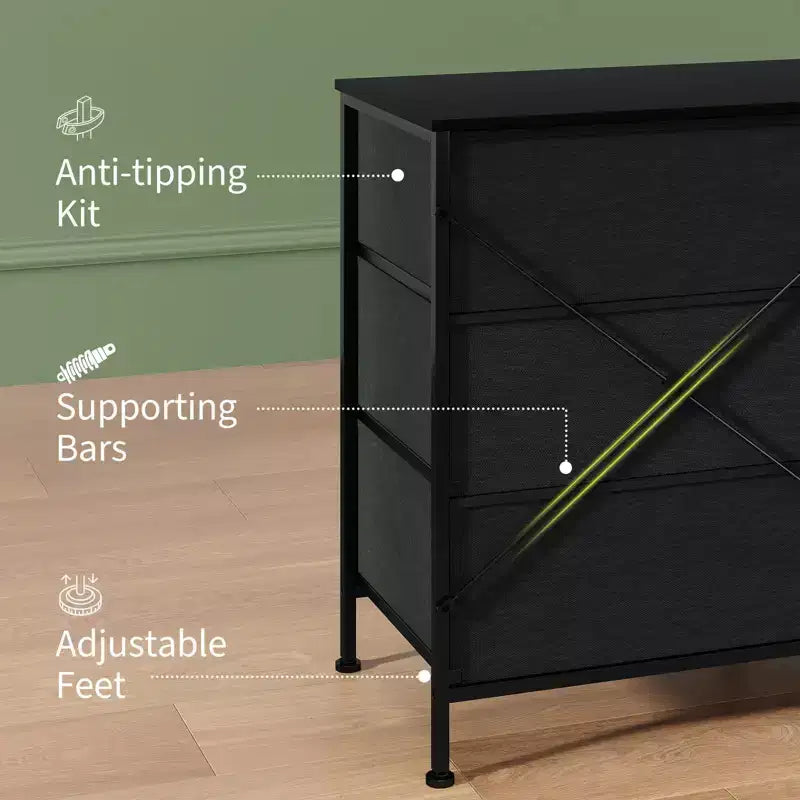 Meuble TV de 63 po avec 8 tiroirs en tissu, cadre en acier pour téléviseurs jusqu'à 75 po, commode de rangement pour le salon ou la chambre à coucher