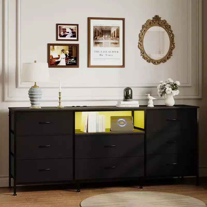 63 Media Console with 8 Fabric Drawers, Steel Frame TV Stand for Up to 75 Inch TVs, Storage Dresser for Living Room or Bedroom