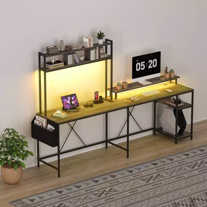 L-Shaped Gaming Desk with LED Lights, Power Outlets, Reversible L-Shaped Computer Desk with Monitor Stand & Storage Shelves, Corner Desk
