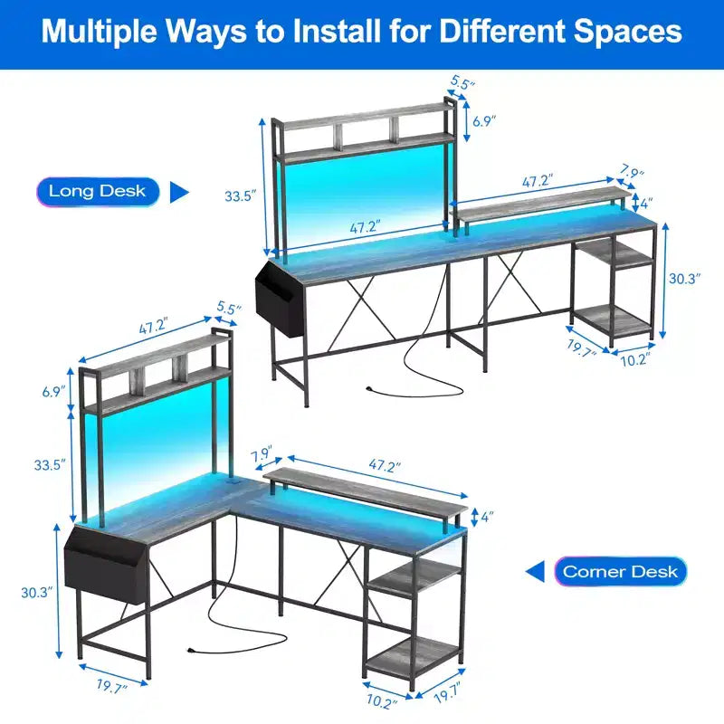 Bureau de Jeu en L avec Lumières LED, Prises de Courant, Bureau Informatique Réversible en L avec Support Moniteur et Étagères de Rangement, Bureau d'Angle