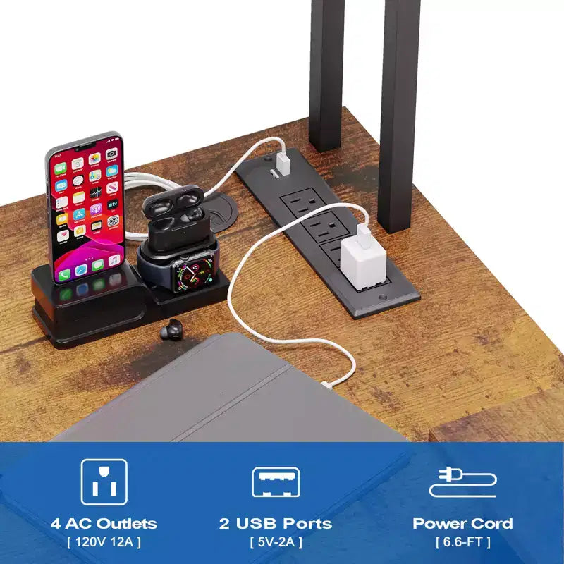 Bureau de Jeu en L avec Lumières LED, Prises de Courant, Bureau Informatique Réversible en L avec Support Moniteur et Étagères de Rangement, Bureau d'Angle