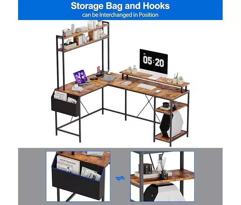 Bureau de Jeu en L avec Lumières LED, Prises de Courant, Bureau Informatique Réversible en L avec Support Moniteur et Étagères de Rangement, Bureau d'Angle