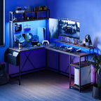 Bureau de Jeu en L avec Lumières LED, Prises de Courant, Bureau Informatique Réversible en L avec Support Moniteur et Étagères de Rangement, Bureau d'Angle