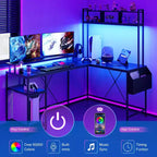 Bureau de Jeu en L avec Lumières LED, Prises de Courant, Bureau Informatique Réversible en L avec Support Moniteur et Étagères de Rangement, Bureau d'Angle