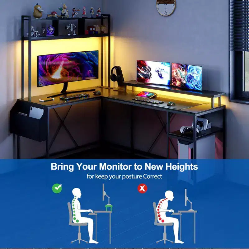 Bureau de Jeu en L avec Lumières LED, Prises de Courant, Bureau Informatique Réversible en L avec Support Moniteur et Étagères de Rangement, Bureau d'Angle