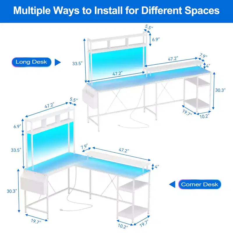 Bureau de Jeu en L avec Lumières LED, Prises de Courant, Bureau Informatique Réversible en L avec Support Moniteur et Étagères de Rangement, Bureau d'Angle