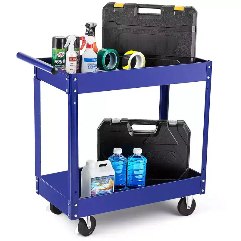 Extra Large Heavy Duty 2-Tier Utility Cart  Carbon Steel, 300 lbs Capacity, Deep Shelves, Rolling Tool Service Cart with Handle, For Garage,Workshop