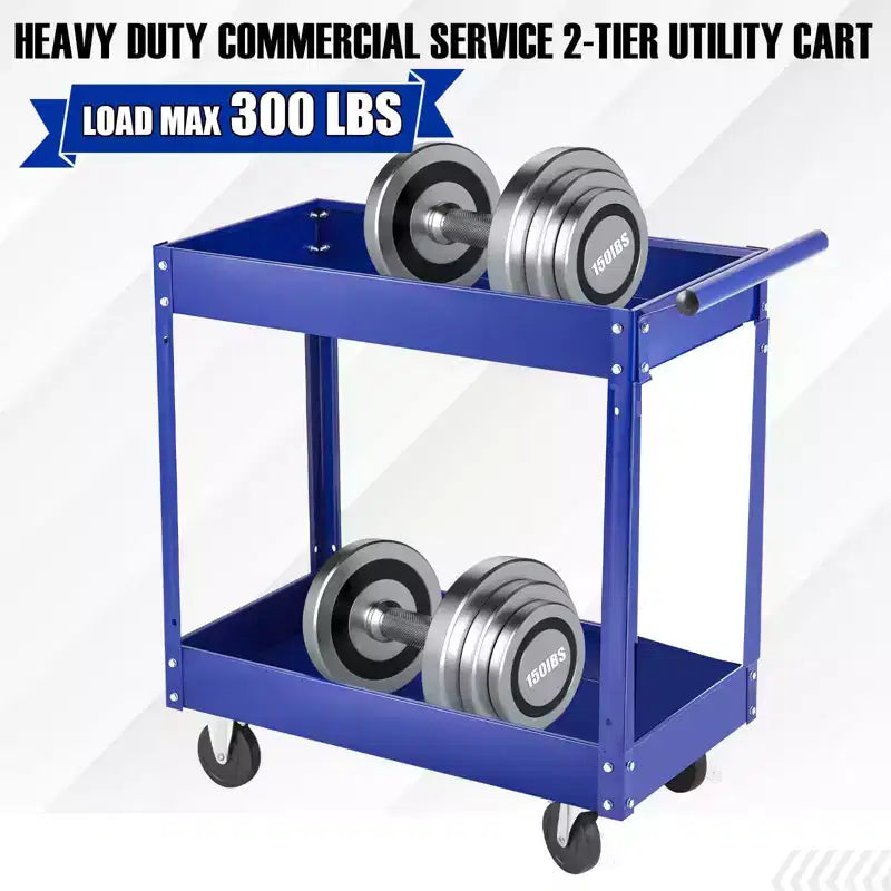 Carrello Utilitario Extra Large Resistente a 2 Ripiani Acciaio al Carbonio, Capacità 136 kg, Ripiani Profondi, Carrello di Servizio Mobile con Manico, Per Garage, Officina