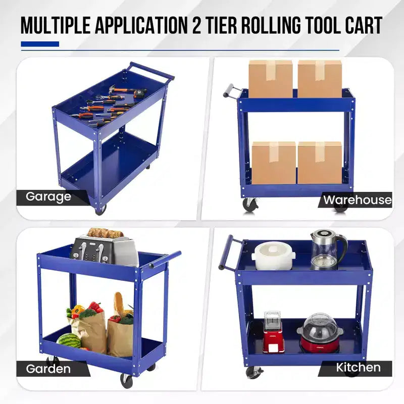 Carrello Utilitario Extra Large Resistente a 2 Ripiani Acciaio al Carbonio, Capacità 136 kg, Ripiani Profondi, Carrello di Servizio Mobile con Manico, Per Garage, Officina