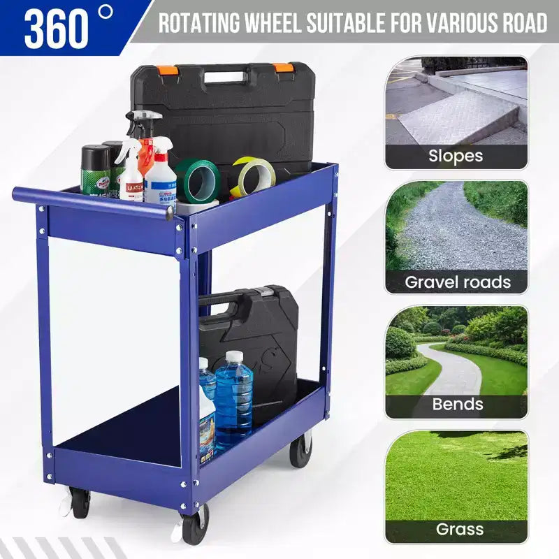 Carrello Utilitario Extra Large Resistente a 2 Ripiani Acciaio al Carbonio, Capacità 136 kg, Ripiani Profondi, Carrello di Servizio Mobile con Manico, Per Garage, Officina
