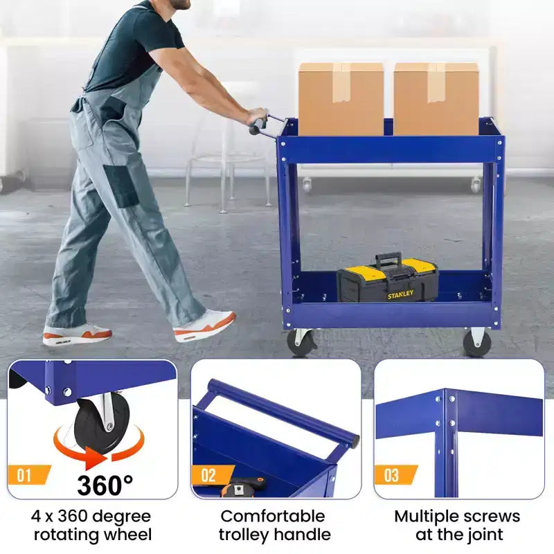 Carrello Utilitario Extra Large Resistente a 2 Ripiani Acciaio al Carbonio, Capacità 136 kg, Ripiani Profondi, Carrello di Servizio Mobile con Manico, Per Garage, Officina