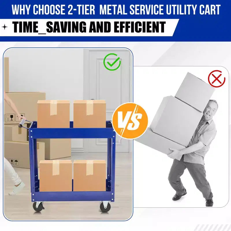 Carrello Utilitario Extra Large Resistente a 2 Ripiani Acciaio al Carbonio, Capacità 136 kg, Ripiani Profondi, Carrello di Servizio Mobile con Manico, Per Garage, Officina