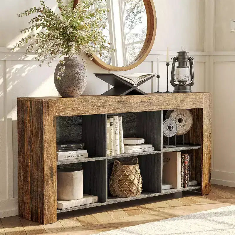 Lantine 63-inch Narrow Console Table with 6 Storage Cubes, Farmhouse Style for Entryway, Living Room, Sofa Side Use.