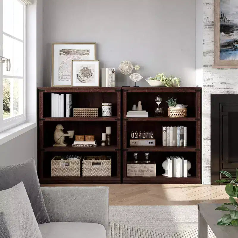 Étagère de ferme en bois rustique avec étagères de rangement ouvertes, présentoir autoportant robuste pour bureau, salon, chambre.